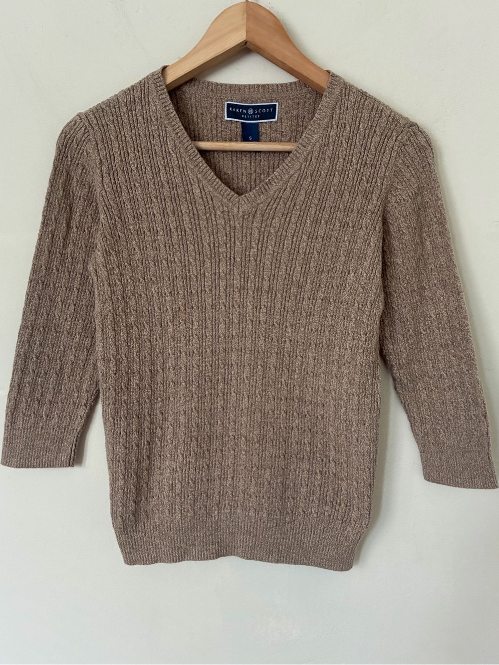 Karen Scott Petites Womens V-Neck Sweater Brown Cable Knit‎ Cotton 3/4 Sleeve S